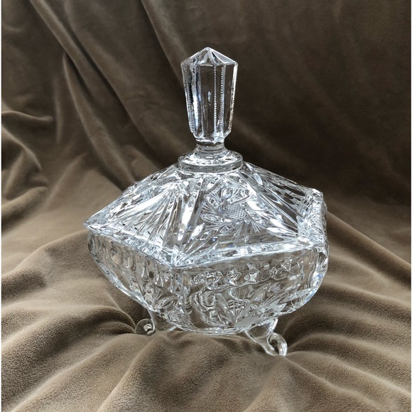 Other - Vintage Footed Hexagon Clear Leaded Crystal Candy Dish With Finial Lid